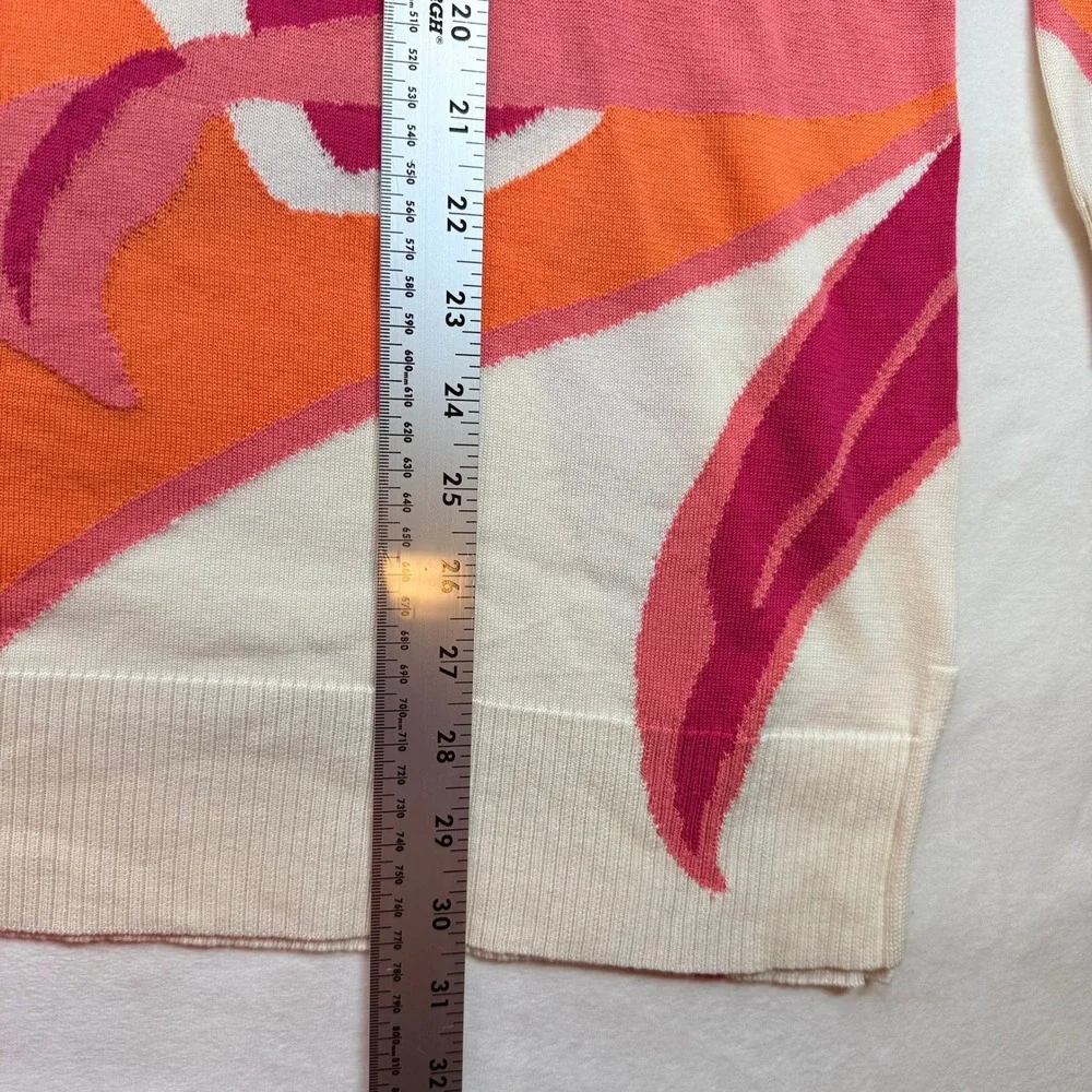 Chicos Orange Pink Floral‎ Intarsia Cotton Lyocell Knit Sweater Top Size 2